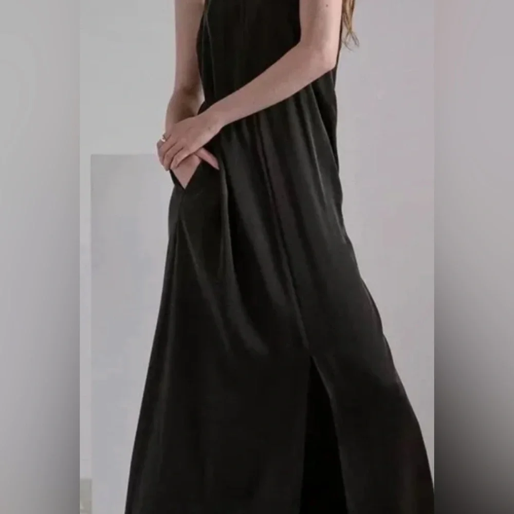 Lunya Washable Silk Racer Maxi Dress Navy Blue Deep V-Back Slit Minimalist L/XL - Picture 3 of 15